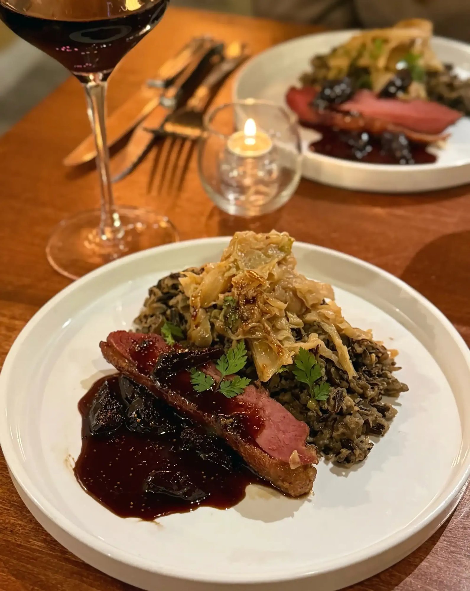 Duck wild rice cabbage table