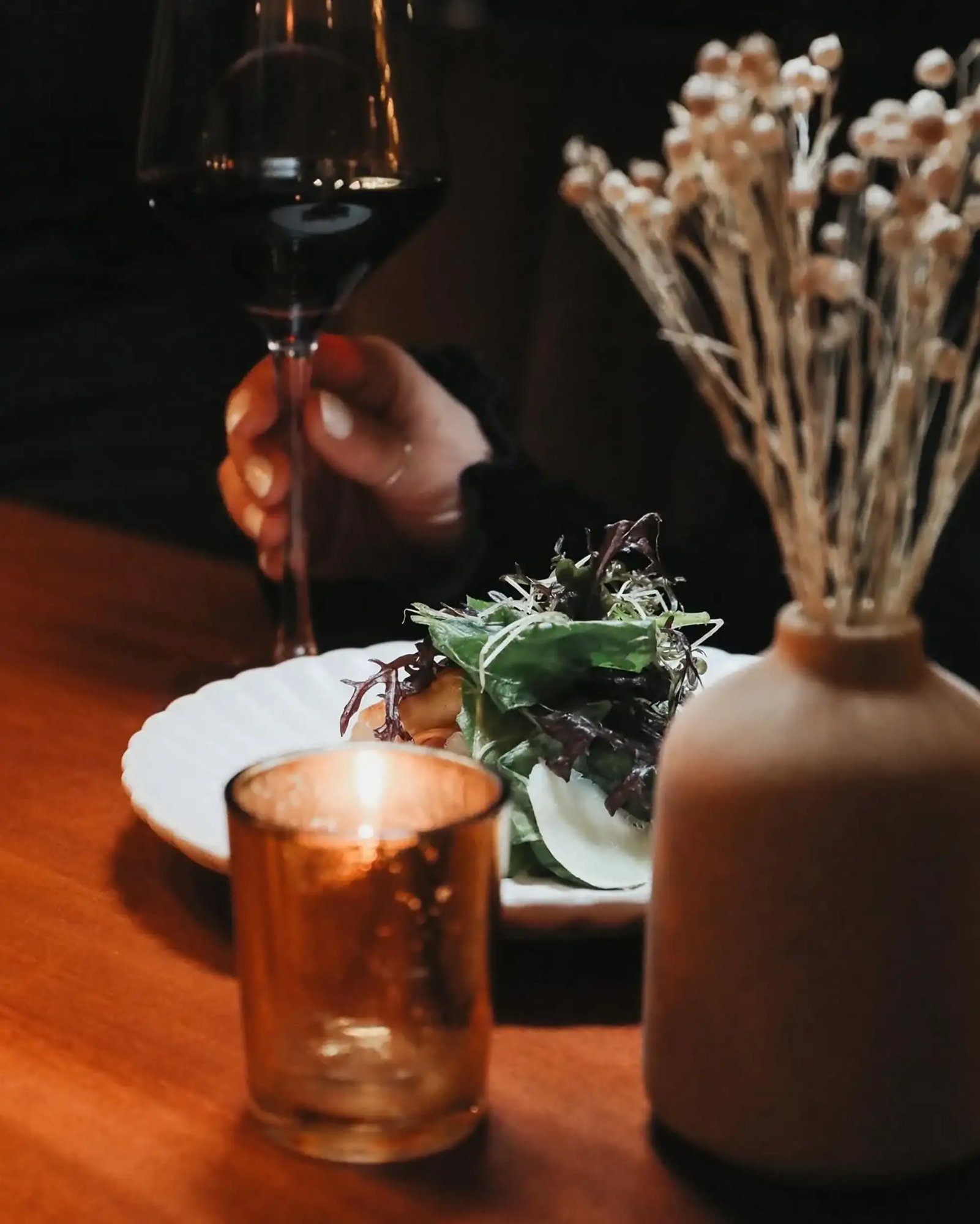 Salad red wine candlelight