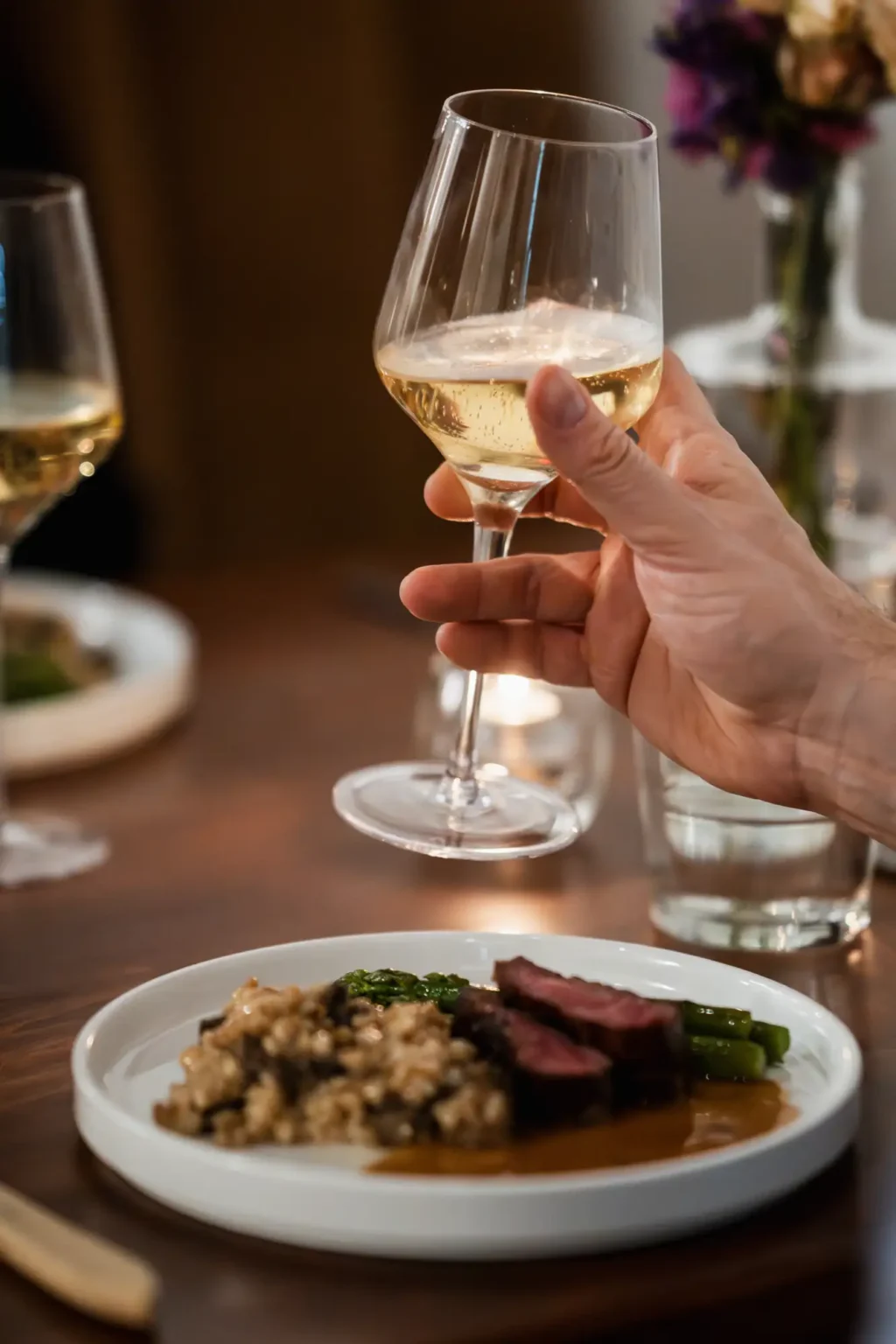 A guest raising a glass of white wine over a plate of sliced steak, risotto and asparagus